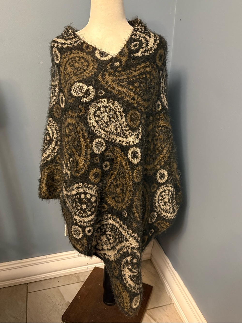 Paisley Knit Poncho Sweater in Olive, Black & Cream